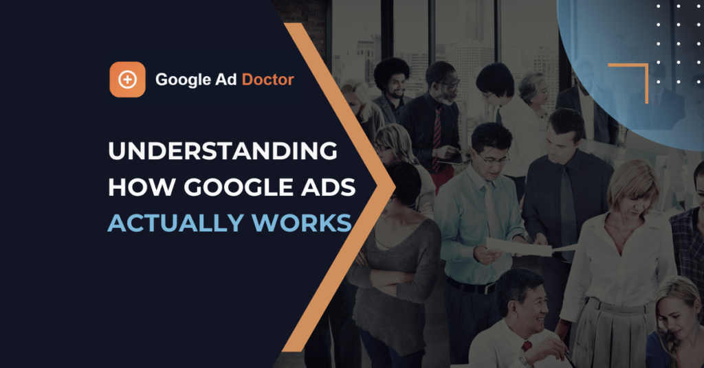 Google Ads auction diagram showing how ad rank bid and quality score determine search results position for businesses